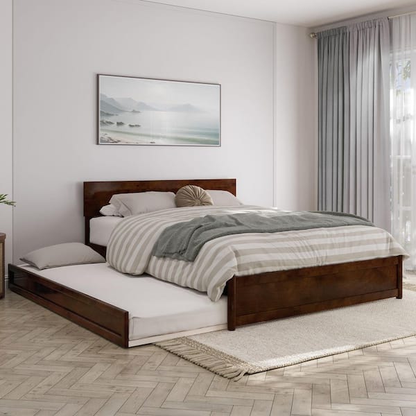 AFI Wesley Walnut Brown Solid Wood Frame Queen Platform Bed with Panel Footboard and Twin XL Trundle