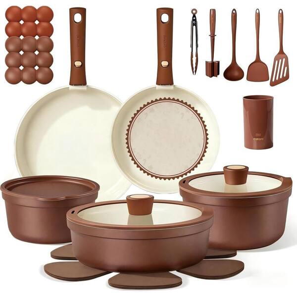 Chocolate Brown 22 Piece Ceramic Nonstick Cookware Set, Removable Handle Non Toxic Kitchen Pots Pans Set for All Stoves