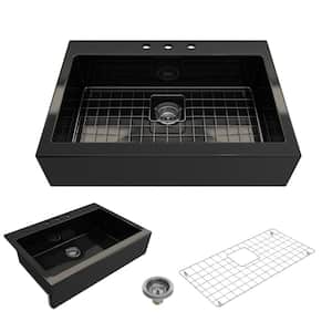 Nuova Black Fireclay 34 in. Single Bowl Drop-In Apron Front Kitchen Sink with Protective Grid and Strainer