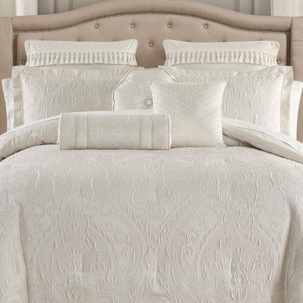 Ivory Satin and Jacquard Decorative Pillow Set, 3 Pieces