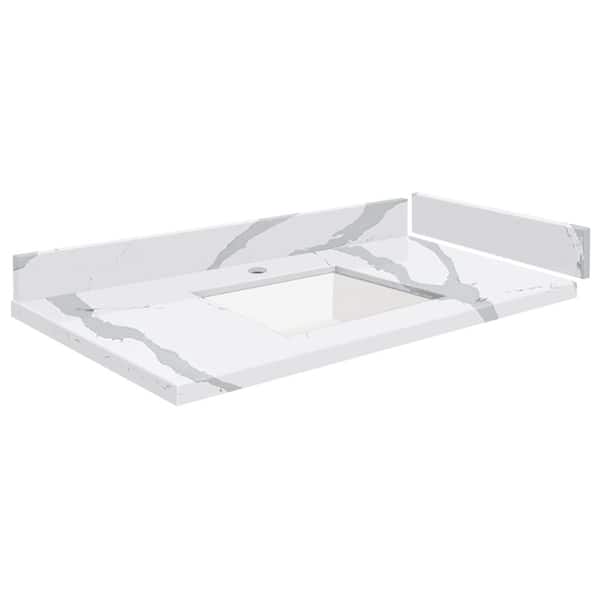 Transolid Silestone 34.25 in. W x 22.25 in. D Qt. White Rectangular Single Sink Vanity Top in Bianco Calcutta