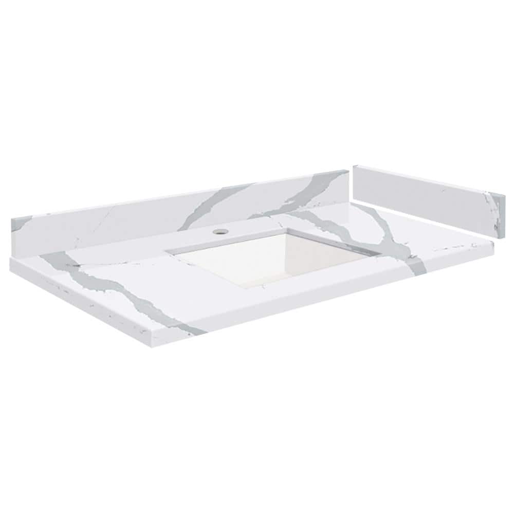 Silestone 34 in. W x 22.25 in. D Quartz White Rectangular Single Sink Vanity Top in Bianco Calacatta price history on PriceWatchPro