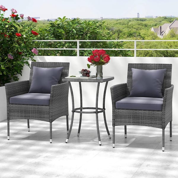 Gymax 3-Piece Wicker Patio Conversation Set w/A Tempered Glass Table Mix Gray Cushions