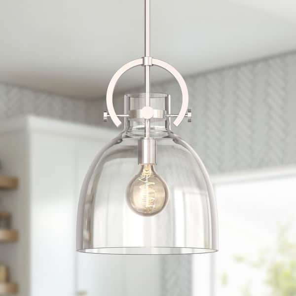 12 in. 1-Light Modern Brushed Nickel Geometric Pendant Light with Clear Glass Shade for Kitchen, Dining, or Foyer Spaces