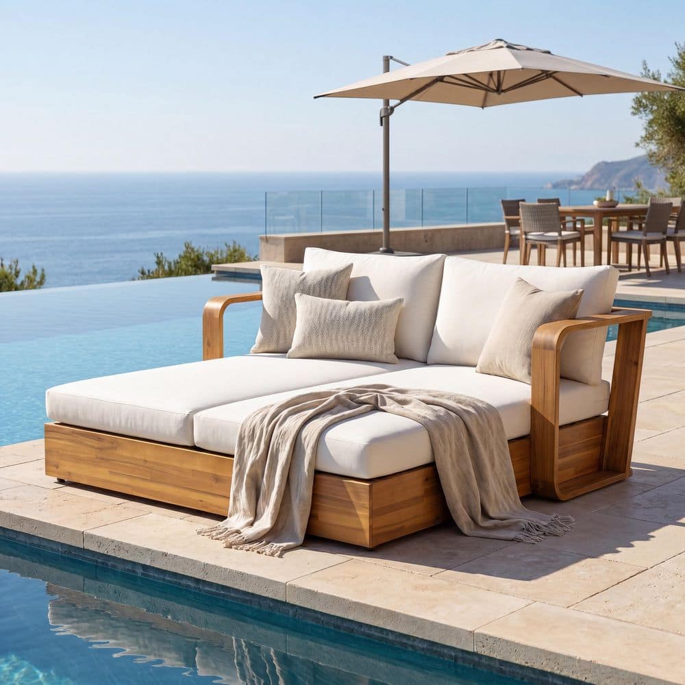 Della Modern Teak Finish Acacia Wood Patio Outdoor Day Bed with Cream Cushions price history on PriceWatchPro