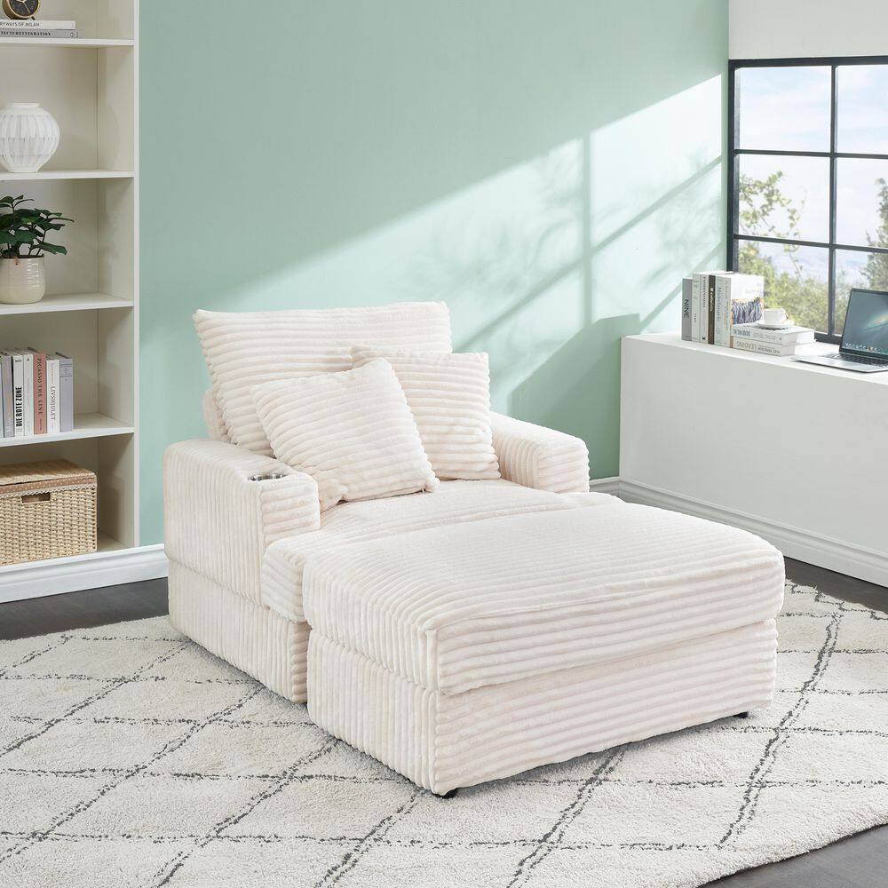 59 in. W Spring Upholstered Armchair and Ottoman Set Corduroy Square Sofa with Cup Holder in White