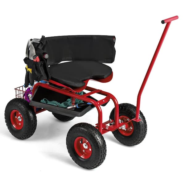 Rolling Garden Cart Workseat with Cushioned Swivel Seat, Storage Basket and 10 in. Wheels in Red