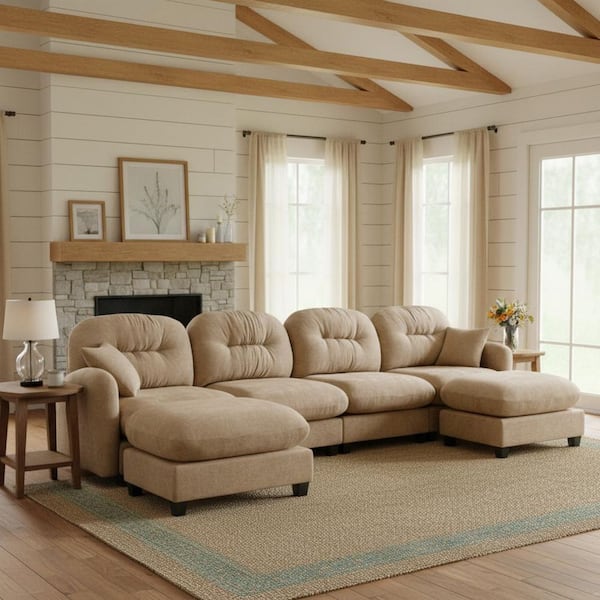 PMOB 140 in. Round Arm 6-piece Chenille U-Shaped Tufted Backrest with Ottomans Sectional Sofa in Walnut Brown