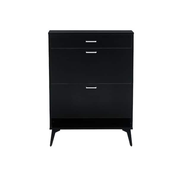 ModernLuxe Black MDF Shoe Cabinet with 3 Tiers and Hidden Flip Down Drawer  - Modern Minimalist Shoe Storage for 20 Pairs in the Shoe Storage  department at