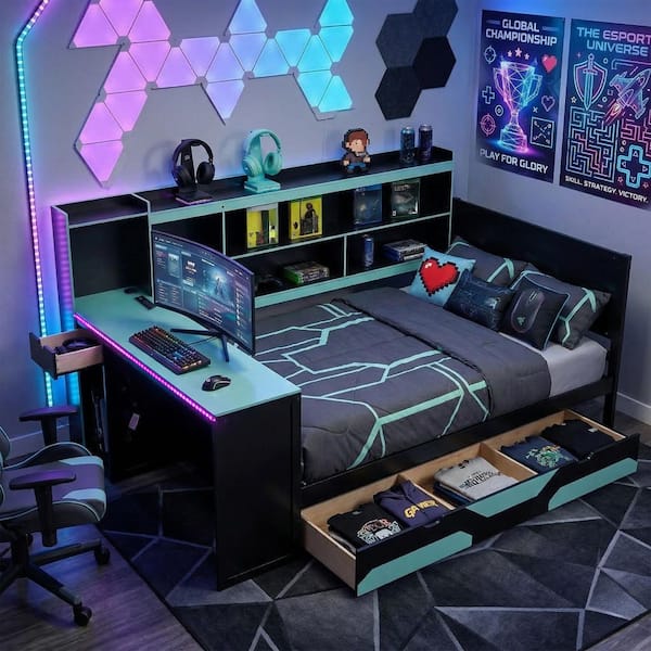 Black and Blue Full Gaming Wood Daybed with Built-in Charging Station, Desk, LED Lights, Storage Shelves and 3 Drawers