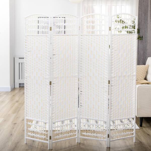 4-Panel Room Divider, Folding Privacy Screen, Room Separator, Wave Fiber Freestanding Partition Wall Divider in White