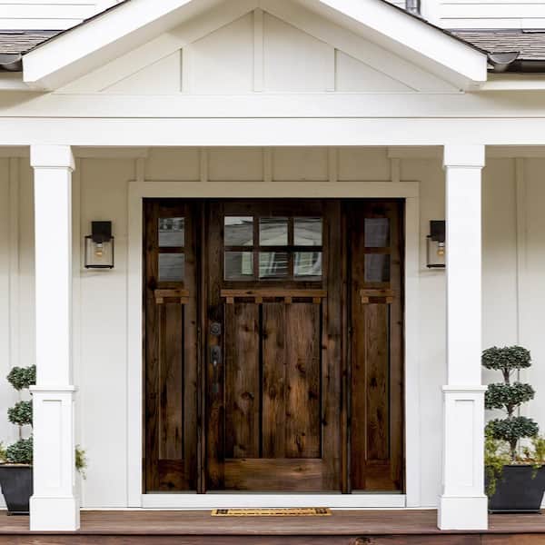 64 in. x 80 in. Craftsman Alder Right Hand Clear 6-Lite Clear Glass Black Stain Wood Prehung Front Door with Sidelites
