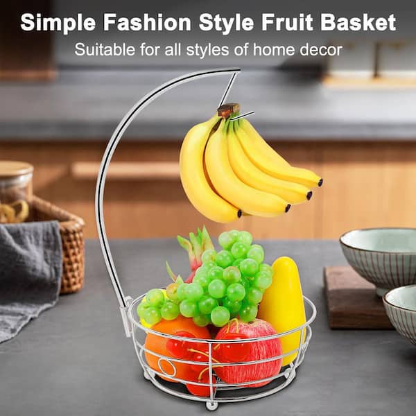 1-Pack Chrome Round Metal Countertop Fruit Basket Bowl with Banana Hanger Modern Standing Fruit Vegetable Bowl Storage