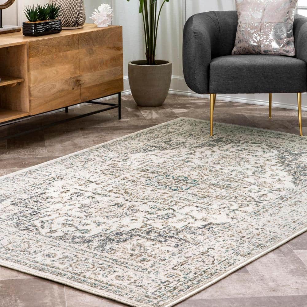 Tanith Cream and Beige Synthetic Medallion Area Rug 3x5