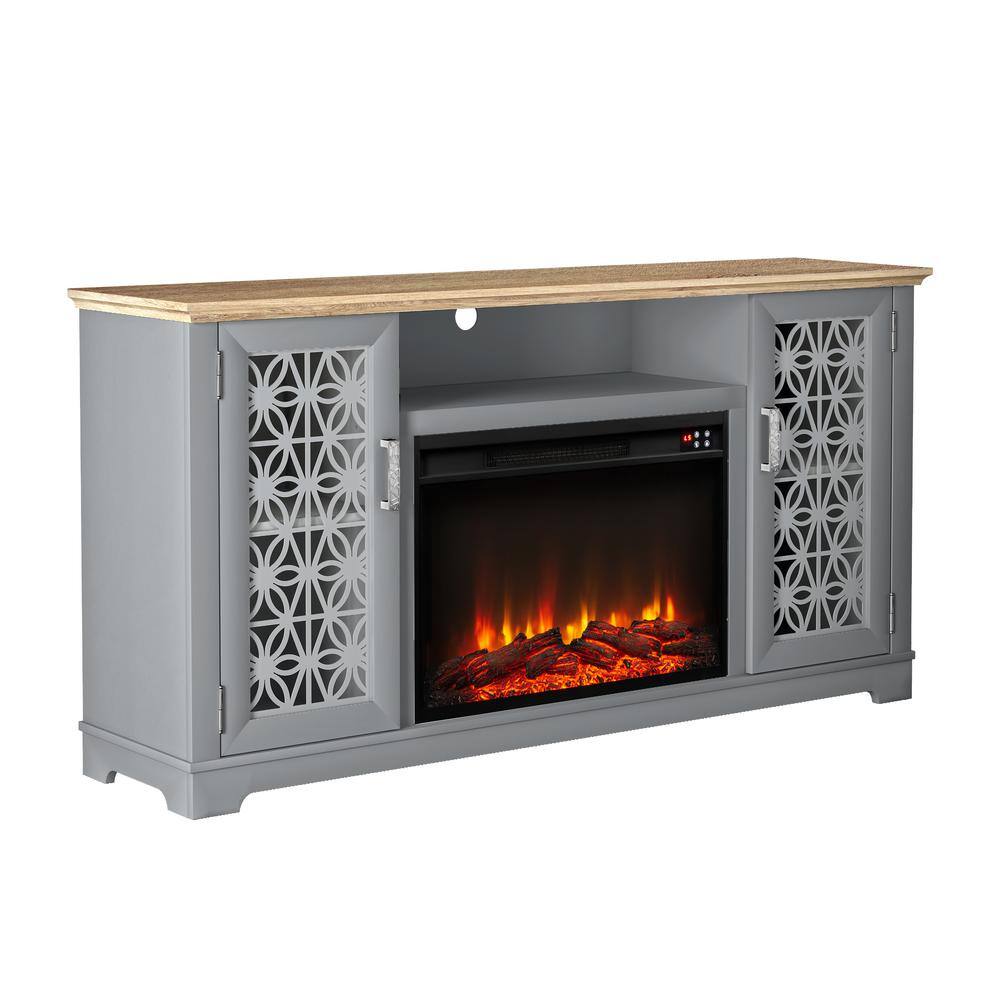 Gray Farmhouse TV Stand with Electric Fireplace and Cabinet