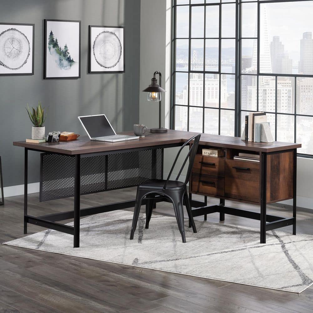 Brown Wood L-Shaped Corner Desk with Drawer and Filing Cabinet