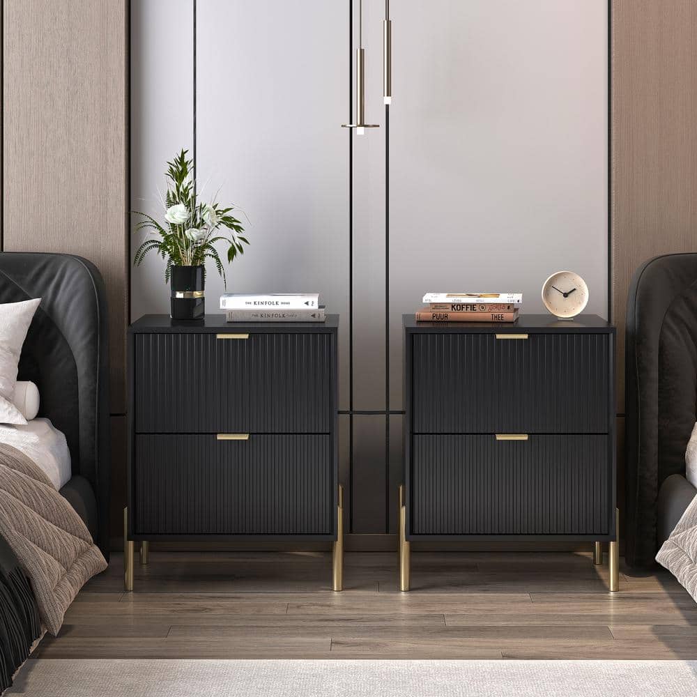 Festivo Modern 2 Drawer Nightstand Bedside Table End Table Black Set of 2