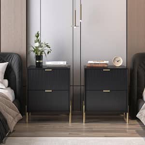 Modern Accent Black 2-Drawers 20 in. Wide Nightstand with Stylish Golden Metal Handle (Set of 2)