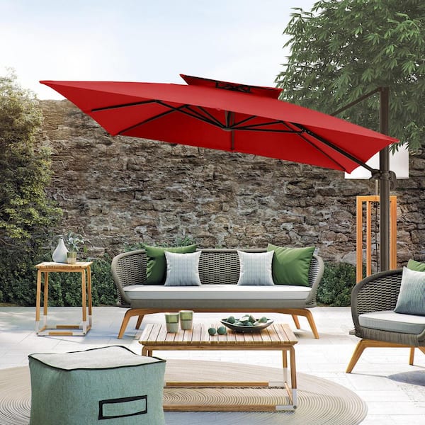 JEAREY 12 ft. x 12 ft. Square Outdoor Cantilever Umbrella Patio 2-Tier Top Rotation Umbrella with Cover in Red LK12FX-HD-Red JEAREY 12 ft. x 12 ft. Square Outdoor Cantilever Umbrella Patio 2-Tier Top Rotation Umbrella with Cover in Red LK12FX-HD-Red