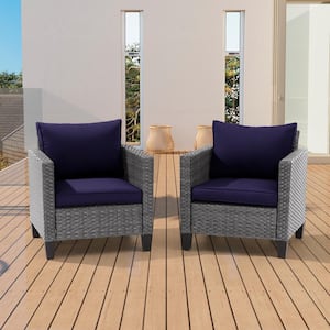 2-Piece Patio Sofa Gray Wicker Outdoor Single Sofa Set, Navy Blue