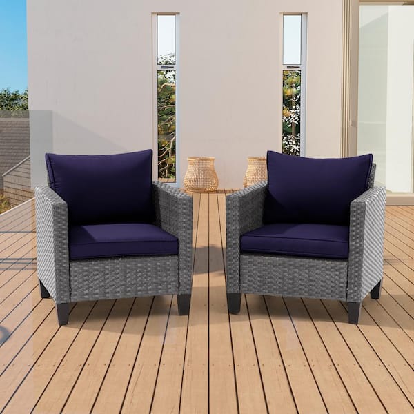 Sonkuki 2-Piece Patio Sofa Gray Wicker Outdoor Single Sofa Set, Navy Blue