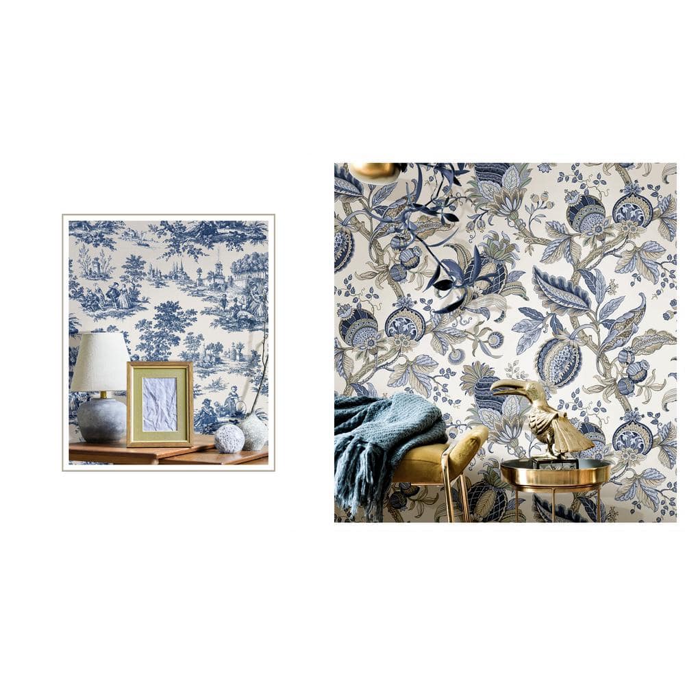 Cottage Chic Blue Damask Floral Non-Pasted Wallpaper Roll
