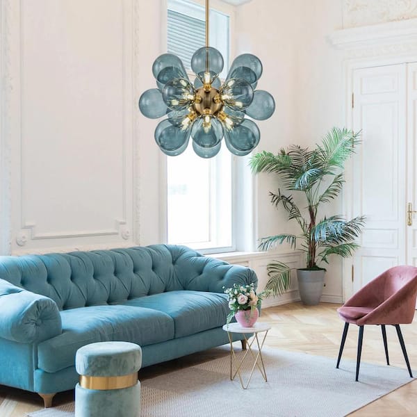 Alma 18-Light 25.6 in. W Brass Chandelier with Blown Balloon Blue Glass Sputnik Dandelion Chandelier for Kitchen