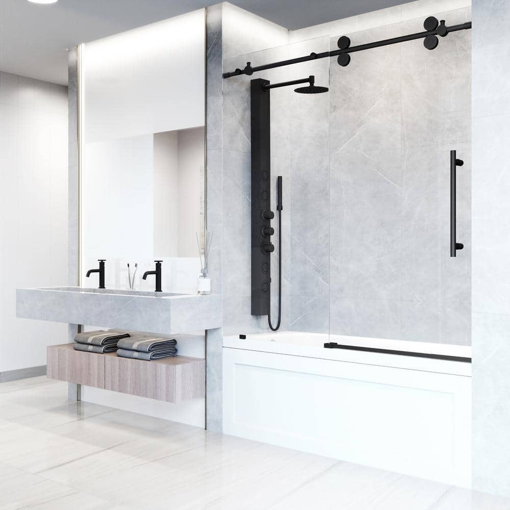Elan 56-60" Matte Black Frameless Sliding Tub Door with Laminated Glass