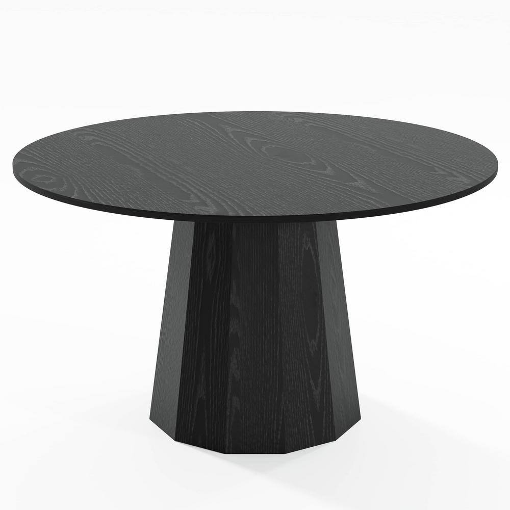 52 in. Black Oak Wood Column Pedestal Round Kitchen Table Dining Table Seats 4