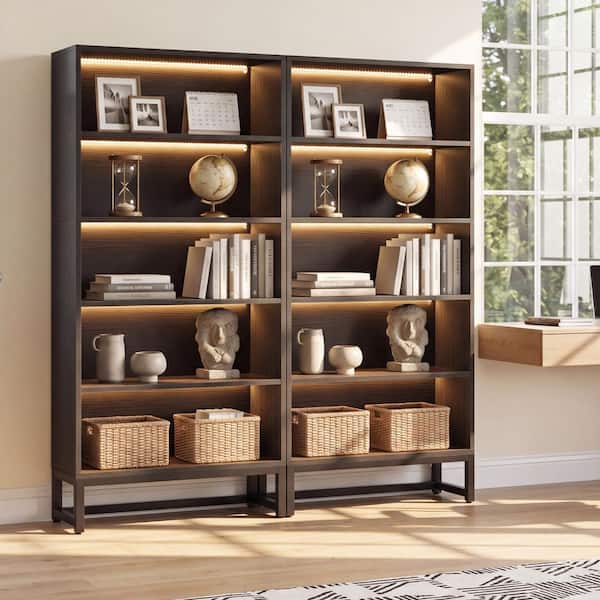 Eulas Set of 2 70.47 in. Tall Black 5-Tier LED Lights Wood Bookcase with Metal Frame, Bookshelf for Living Room, Bedroom