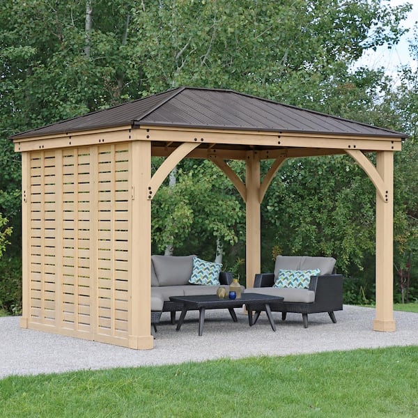 Meridian 10 ft. x 12 ft. Premium Cedar Outdoor Patio Shade Gazebo with A 10 ft. Privacy Wall and Brown Aluminum Roof