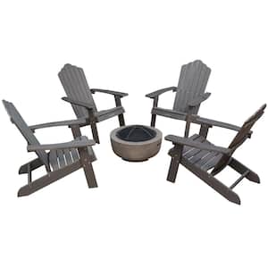 Lanier 5-Piece Brown Recycled Plastic Patio Conversation Adirondack Chair Set with a Brown Wood-Burning Firepit