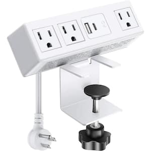 10 ft. Flat Plug Desk Clamp Power Strip with 3-Outlets 1-USB A, 3.0 Fast Charging USB C Port, in White