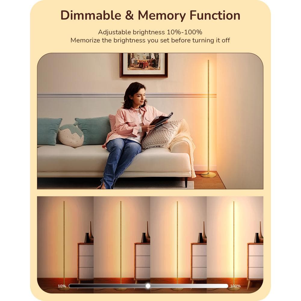 57" Gold Metal LED Corner Floor Lamp with Warm White Light