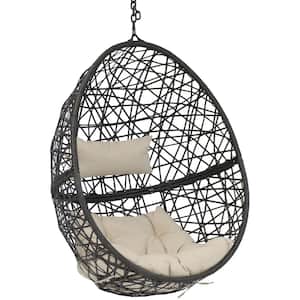 Caroline Resin Wicker Outdoor Hanging Egg Patio Lounge Chair with Beige Cushions