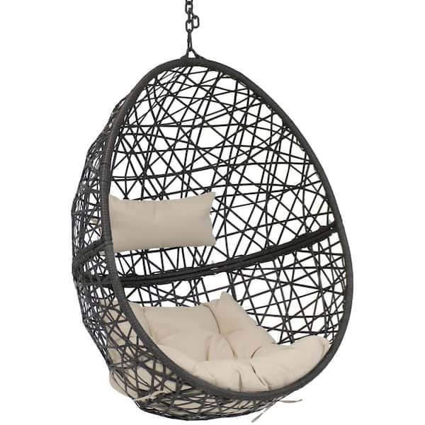 Sunnydaze Caroline Resin Wicker Outdoor Hanging Egg Patio Lounge Chair with Beige Cushions