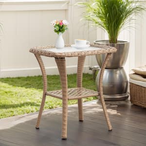 Yellow Square Wicker Outdoor Side Table with Tempered Glass Top