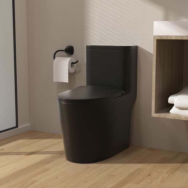 1-piece 1.1/1.6 GPF High Efficiency Dual Flush Elongated Toilet in Matte Black Soft-Close Seat Included