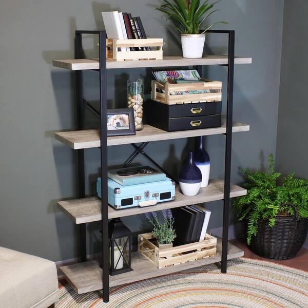 4 Tier Industrial Book Shelf, Solid Wood Bookcase, Rustic Book