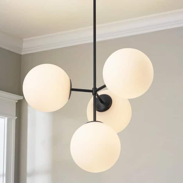 Sydni 40-Watt 4-Light Modern Black Linear Frosted Glass Globe Bubble Pendant Light 2-Tier Cluster Island Lighting