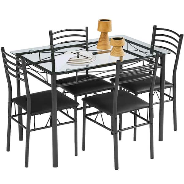 VECELO 5 Pcs Dining Table Set, Home Dining Table and 4 Chairs Set with Tempered Glass Tabletop Padded Seat，43.3"X27.5"X30"