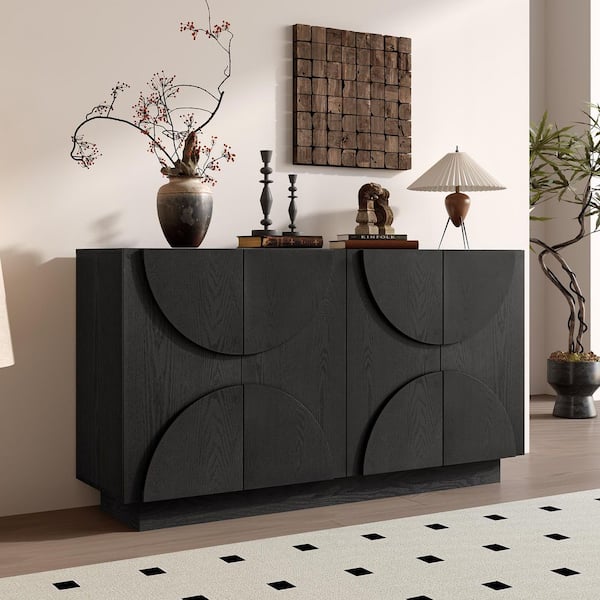 Black Fraxinus Mandshurica Veneer and MDF 56.3 in. Sideboard with Adjustable Shelves, Semi-Circular Handles