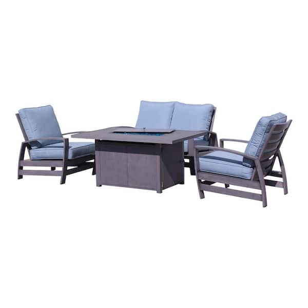 Courtyard Casual Cabo 4-Piece Aluminum Patio Fire Pit Set with Sunbrella Blue Cushions