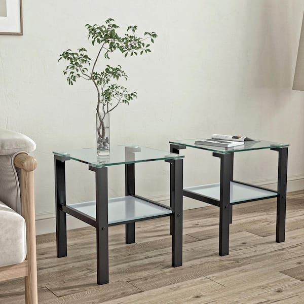 Set of 2 17.7 in. Square Dual-Layer Glass Side Tables, Clear Tempered Glass Top&Black Metal Legs for Living Room Bedroom