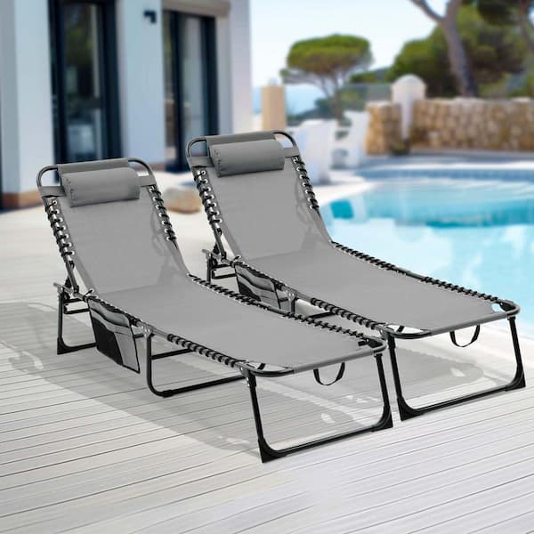 Unbranded Gray Folding Outdoor Chaise Lounge Chair Set of 2 with 4-Position Reclining Back, Breathable Mesh Seat