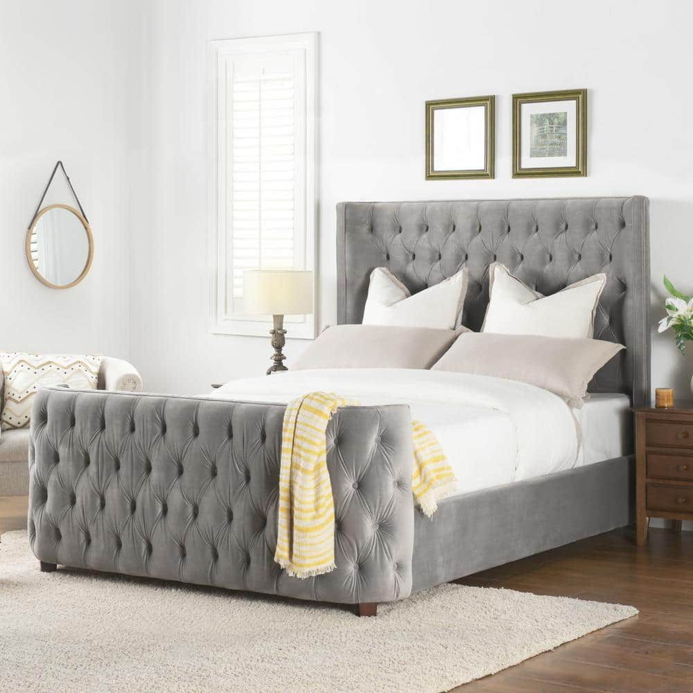 Jennifer Taylor Brooklyn Tufted Opal Grey Queen Headboard Bed 2559