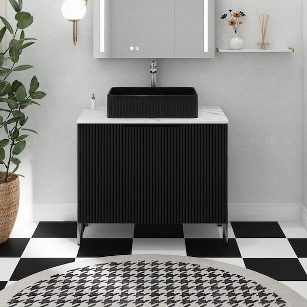 30 in. W x 18.9 in. D x 33.46 in. H Single Sink Freestanding Bath Vanity in Black with Carrara White Sintered Stone Top