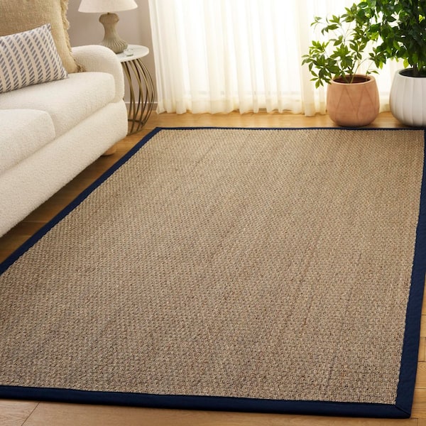 Natural Fiber 4 ft. x 6 ft. Natural/Navy Blue Abstract Solid Border Area Rug