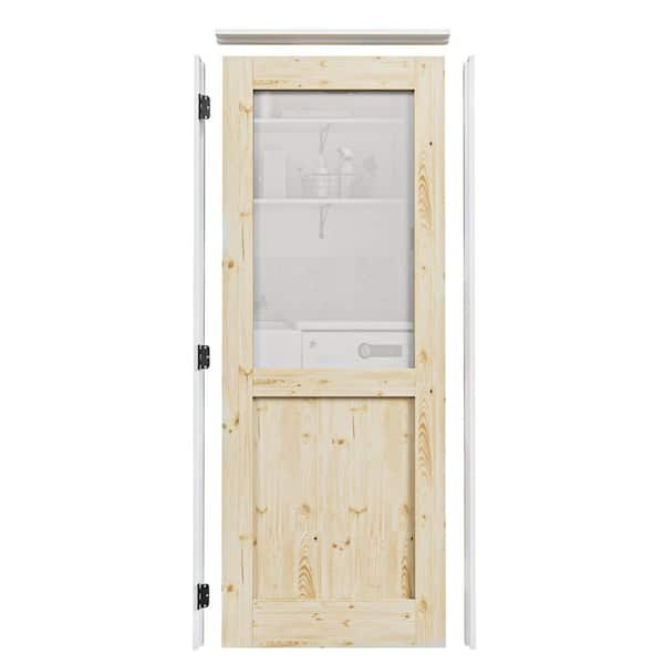ARK DESIGN 30 in. x 80 in. 1/2-Lite Frosted Glass Right Handed Unfinished Pine Single Door Kit with Quick Assemble Jamb