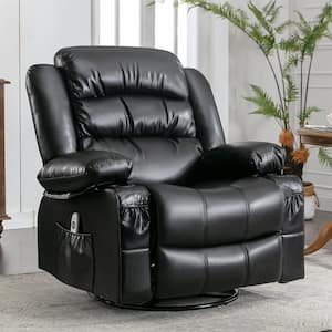 Modern Black PU Leather Manual Recliner Chair with USB and 2 Cup Holders, 360° Rotation Massage Heated Single Sofa Chair